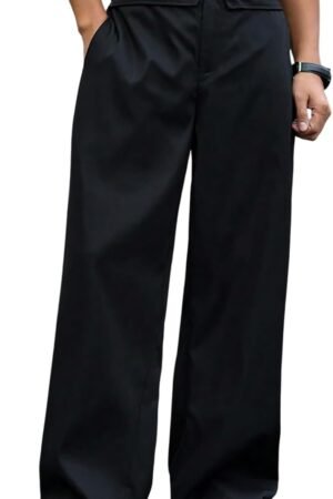 Men's Wide Leg Work Dress Pants Button Long Trousers with Pockets