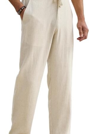 Men's Linen Pants Casual Beach Summer Vacation Linen Dress Pants Loose Fit