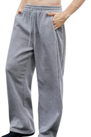 Men's Drawstring Waist Straight Wide Leg Baggy Pants Workout Athletic Sweatpants with Pocket