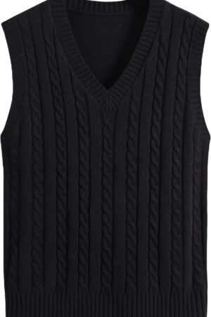 Men's V Neck Sleeveless Casual Cable Knit Sweater Vest Pullover Plain Top