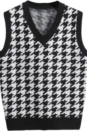 Men's Houndstooth Sweater Vest Sleeveless V Neck Casual Rib Knit Top