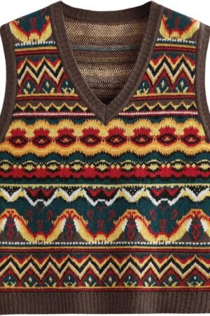 Men's Tribal Print Sweater Vests V Neck Sleeveless Knitted Tank Tops Streetwear